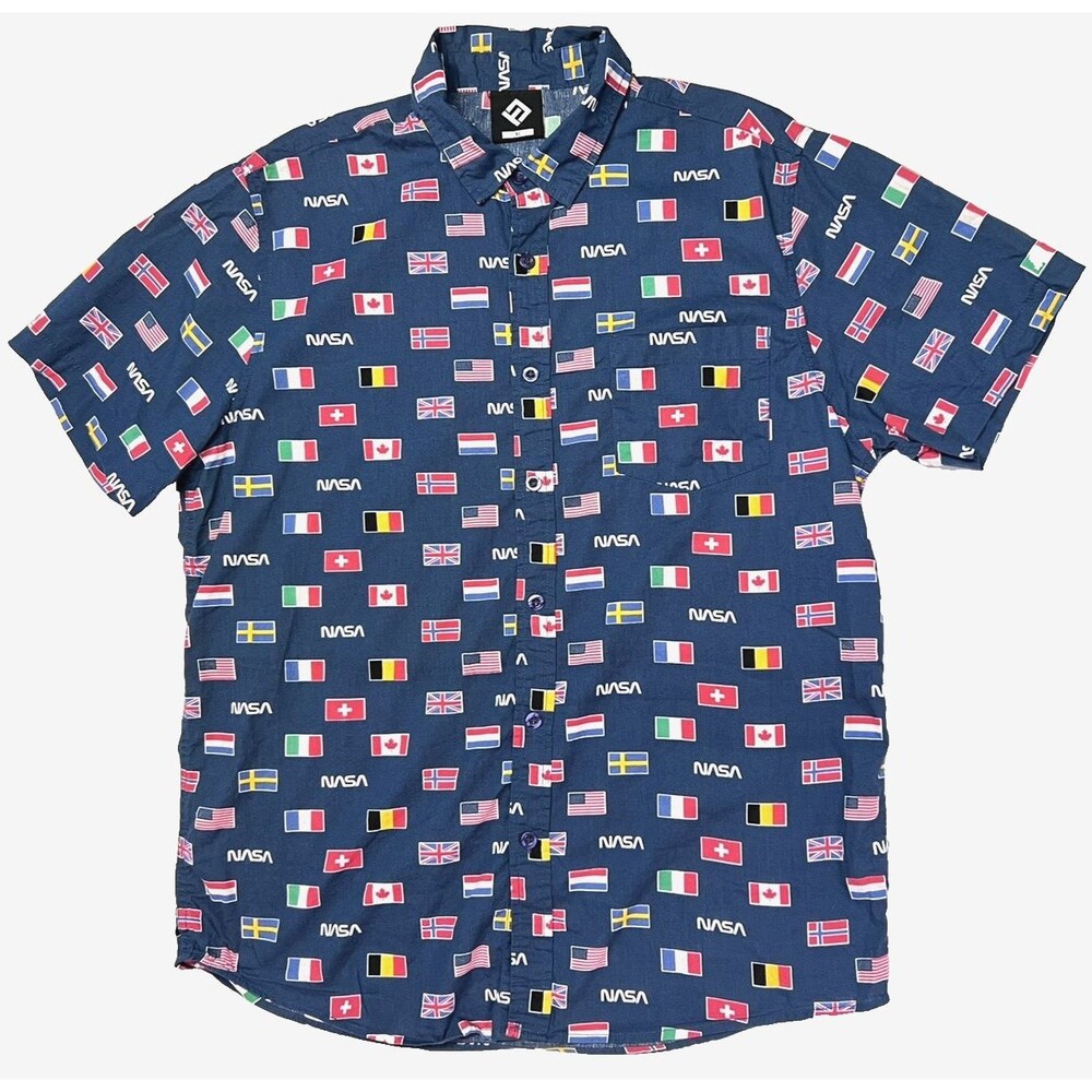 H3 Sportgear Men's NASA Short Sleeve Shirt International Flags NASA Logo XL Blue
